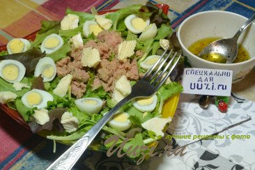 Салат с тунцом, перепелиными яйцами и сыром Изображение